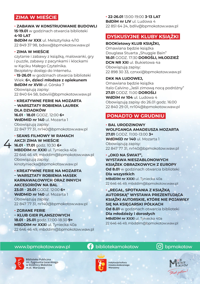 Styczniowy program wydarzeń, opisany w artykule. Strona 4.