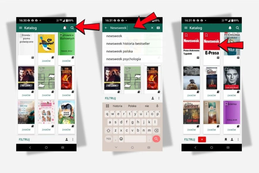 Wypożyczanie e-prasy, screeny z aplikacji mobilnej, 