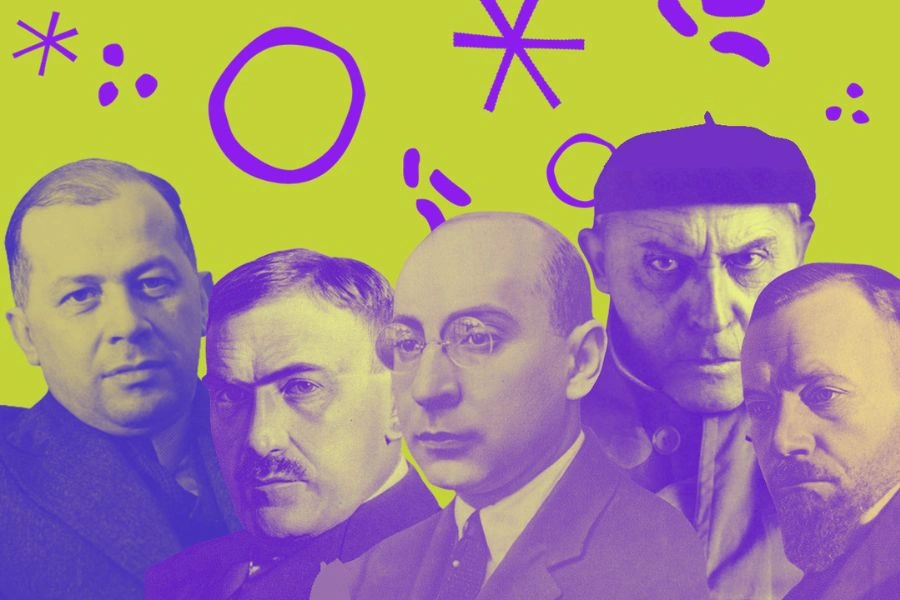 Portrety pięciu pisarzy na zielonym tle z elementami ozdobnymi