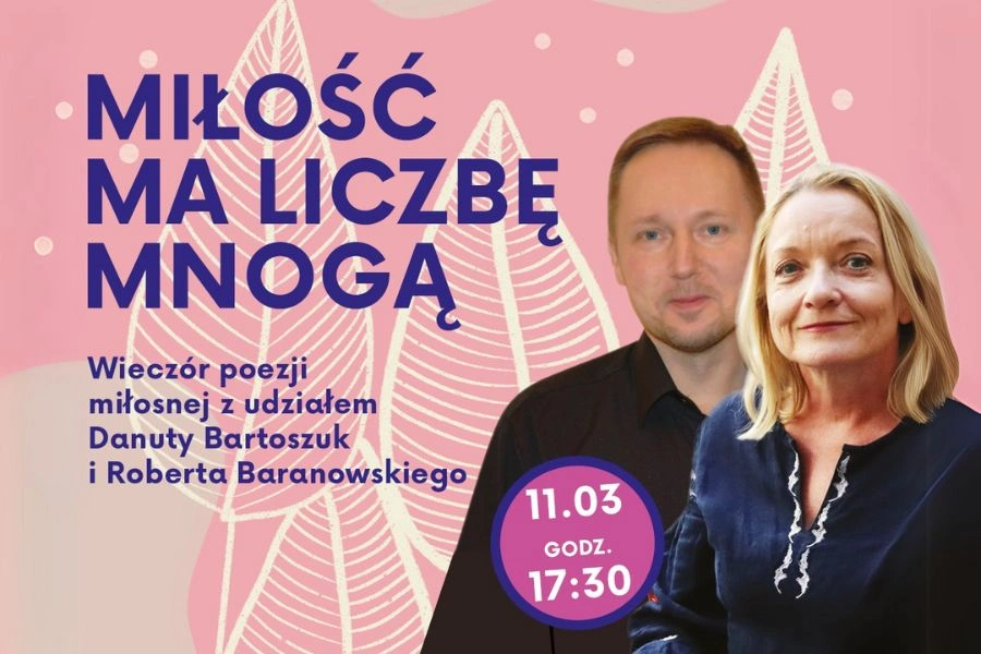 Na różowym ozdobnym tle zdjęcia mężczyzny i kobiety, informacja tekstowa zawarta w artykule