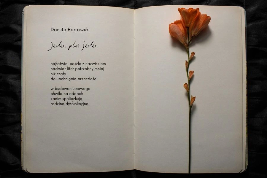Na czarnym tle otwarta książka z wierszem oraz czerwony kwiatek