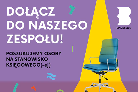Na jagodowym tle przebiega żółty pas, na którym stoi biurowy fotel. Po prawej biały logotyp biblioteki mokotowskiej. Do tego tekst: dołącz do naszego zespołu; poszukujemy osoby na stanowisko księgowego, księgowej.