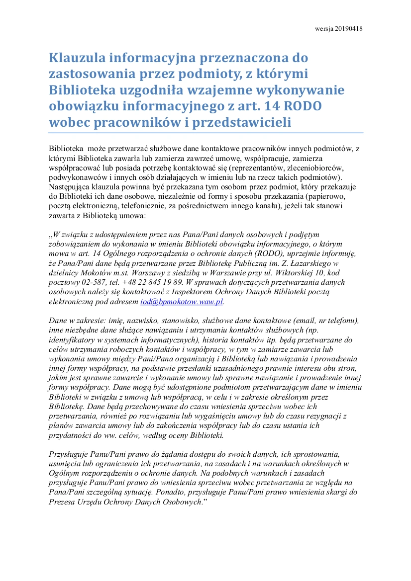 Klauzula informacyjna dla podmiotów, które wykonują obowiązek informacyjny w imieniu Biblioteki