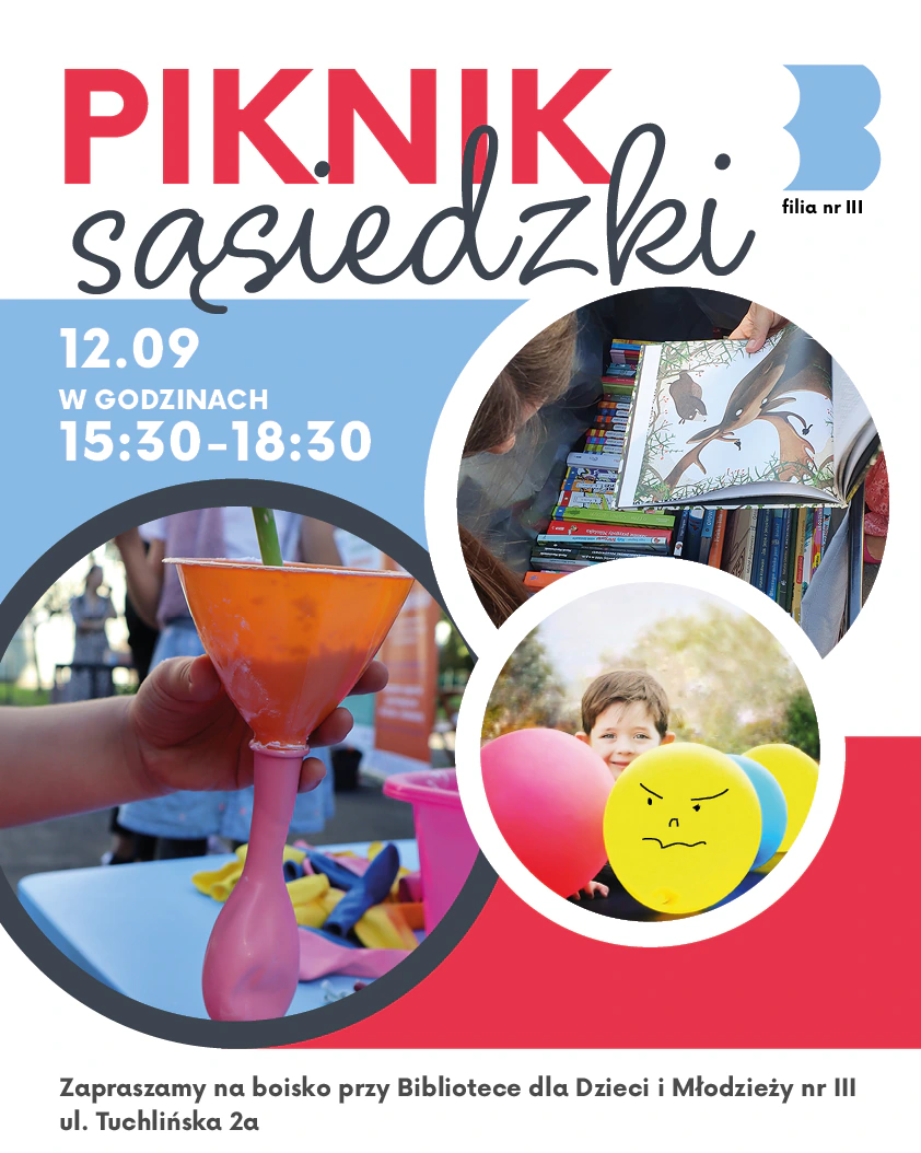 Trzy zdjęcia. Na jednym pomarańczowy lejek włożony jest do balona. Na drugim zza balonów uśmiecha się dziecko. Na trzecim ktoś przegląda ilustrowaną książkę na tle innych książek.