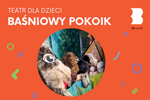 Trzy kukiełki psów na tle dekoracji krzaka i młyna.