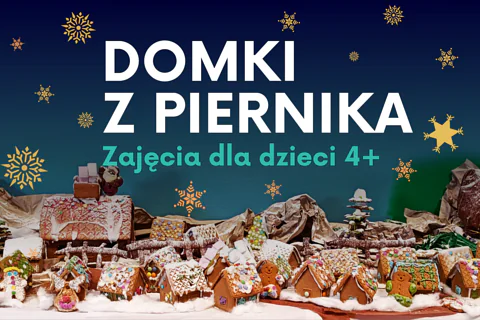 Na dole grafiki zdjęcie miasteczka zbudowanego z pierników. Do tego tekst: domki z piernika; zajęcia dla dzieci 4 plus.