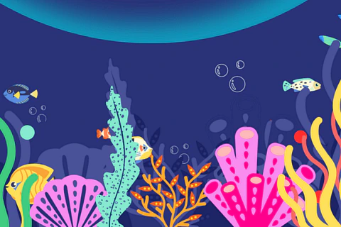 Grafika w błękitnej tonacji imitującej ocean. Dominuje rysunek kolorowej rafy. W wodzie pływają ryby.