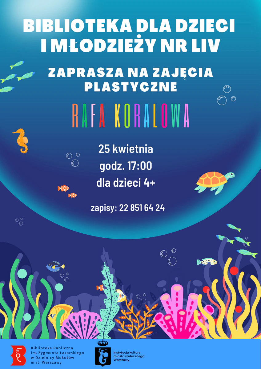 Grafika w błękitnej tonacji imitującej ocean. Na dole rysunek kolorowej rafy. W wodzie pływają ryby, żółw i konik wodny. Do tego tekst zawarty w artykule.