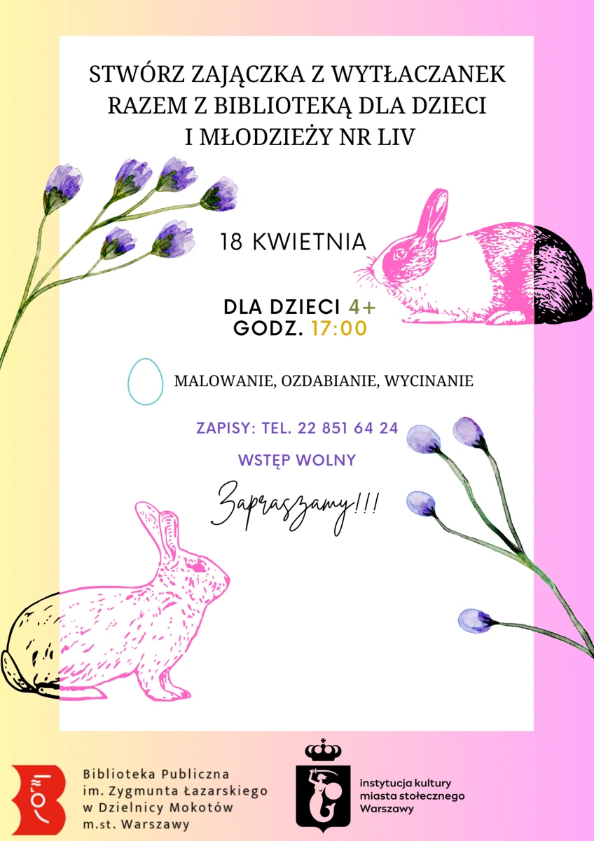 Dwie gałązki bzu i dwa zajączki są rozrzucone na plakacie. Do tego tekst zawarty w artykule. Na dole logotyp Biblioteki Mokotów i warszawskiej instytucji kultury.