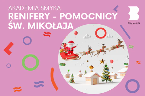 Rysunek 3 d, na którym nad osiedlem domków jednorodzinnych i ubranymi odświętnie choinkami leci Mikołaj na czerwonych saniach w zaprzęgu z reniferami.