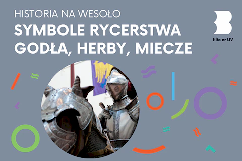 Zdjęcie ubranego w zbroję i rycerza i jego konia. W tle fioletowo-żółty proporzec.