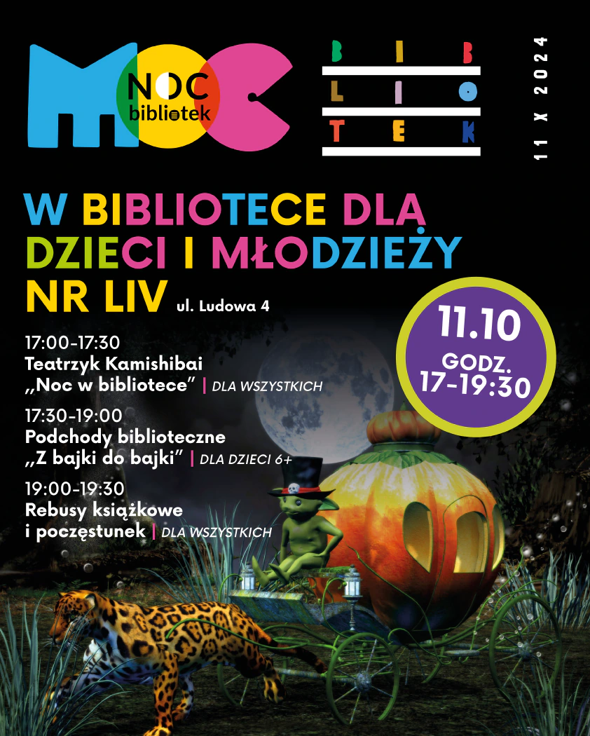 Rysunek tygrysa ciągnącego karocę z dyni, którą powozi żaba w cylindrze. W tle świeci księżyc w pełni.