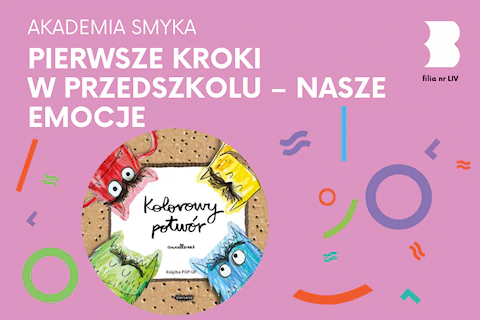 Narysowane różnokolorowe twarze czterech potworków okalają kartkę z napisem kolorowy potwór.