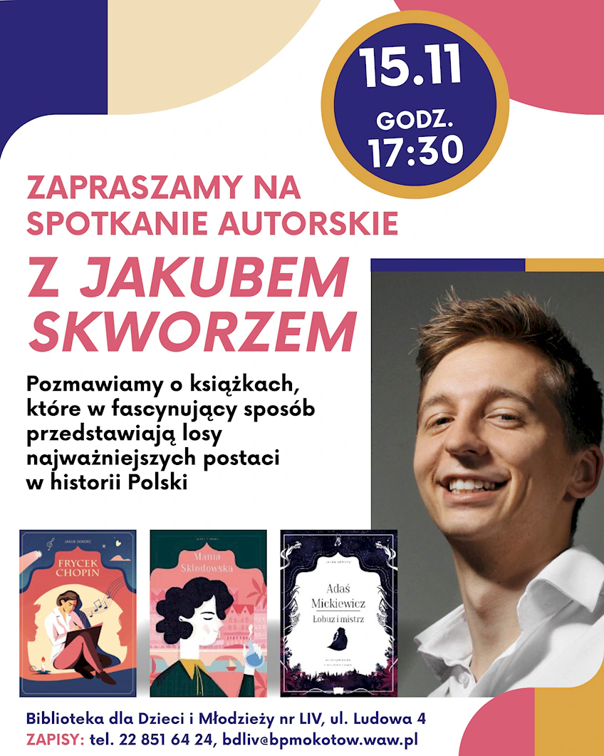 Młody mężczyzna uśmiecha się od ucha do ucha, a obok niego trzy okładki książek opisujące Szopena, Marię Skłodowską i Mickiewicza.