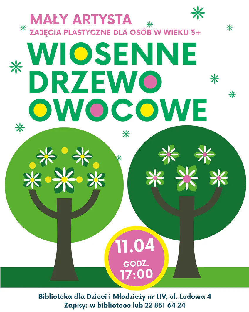 Z zielonej ziemi wyrastają narysowane dwa wiosenne drzewa z dojrzałymi kwiatami.