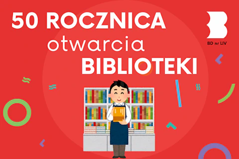 Pikselowaty rysunek uśmiechniętej bibliotekarki na tle półek z książkami.