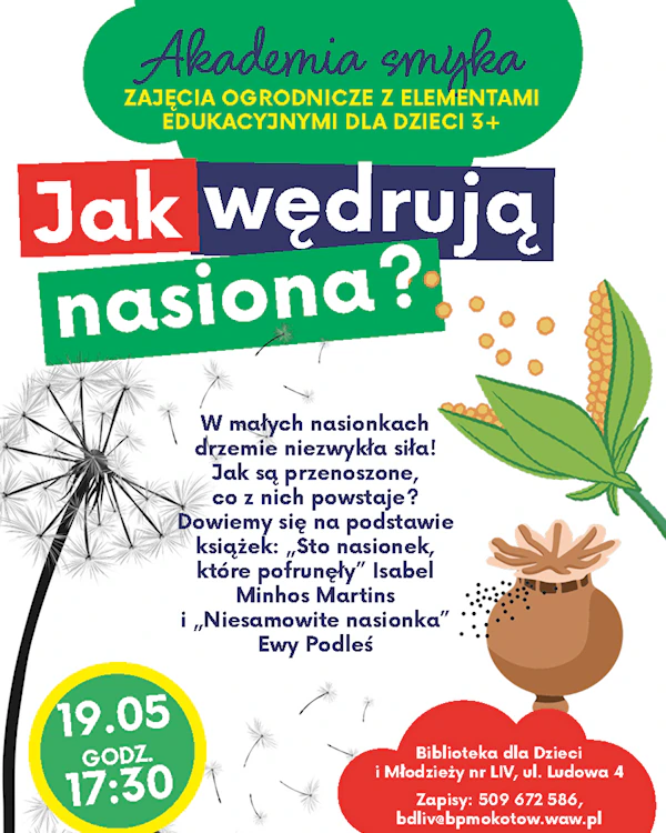Rysunki trzech roślin rozsiewających wokół siebie nasiona.