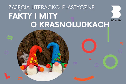 Na tle drzewa, w śniegu dwa plastelinowe krasnoludki. Obaj z dużymi brodami i w kolorowych strojach, z czapkami zasłaniającymi oczy.