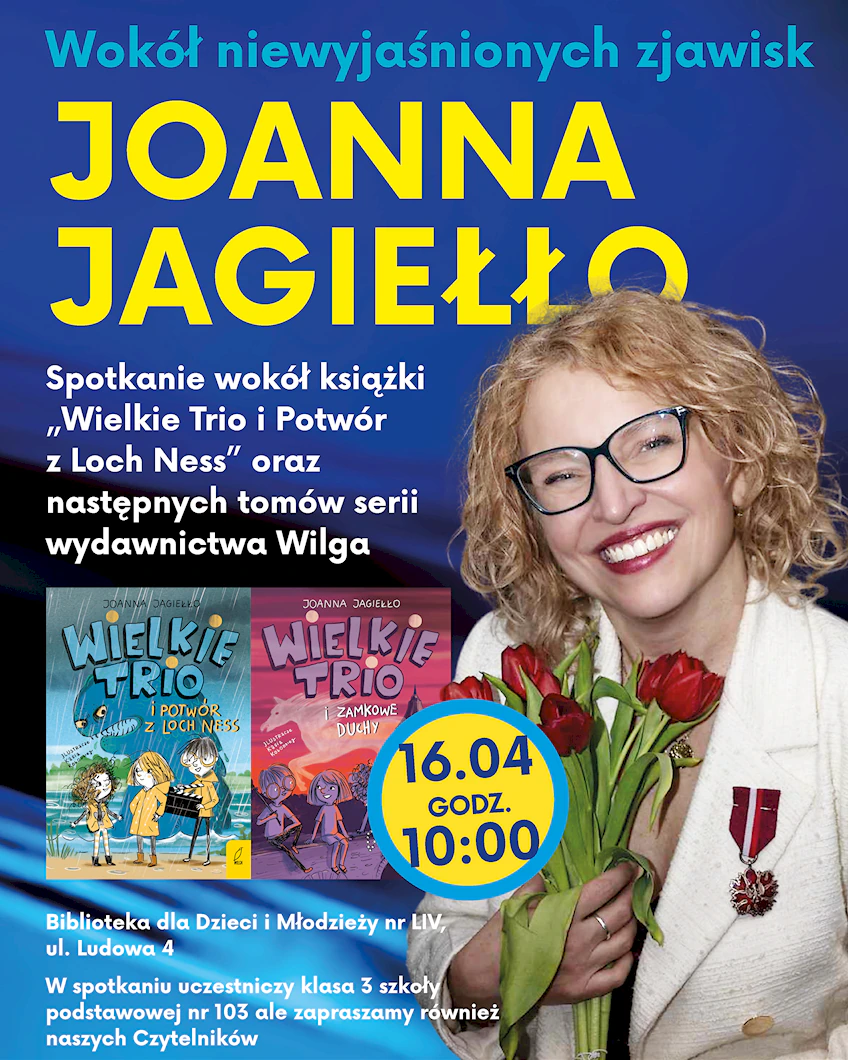 Uśmiechnięta blondynka w białym żakiecie trzyma w ręku czerwone tulipany, a w klapie ma przypięty medal. Po lewej okładki dwóch książek dla dzieci.