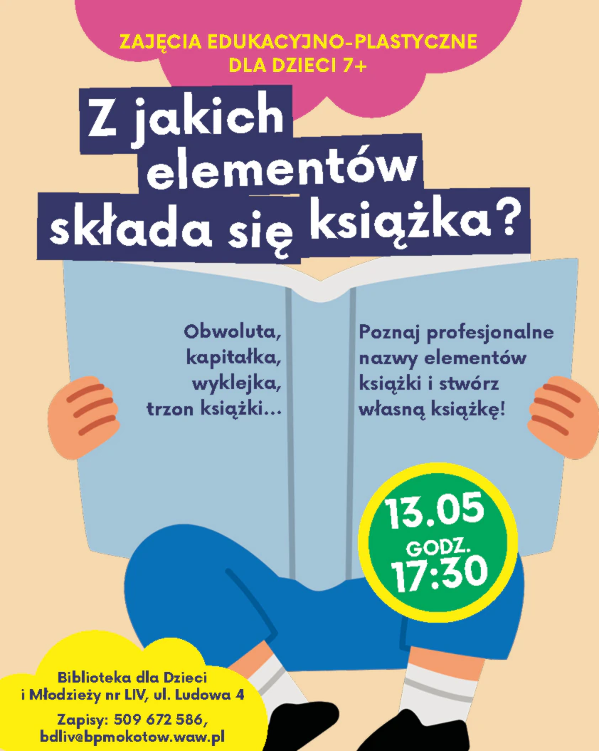 Wielka książka zasłania czytelnika. Poniżej wystają tylko nogi w niebieskich spodniach i czarnym obuwiu.
