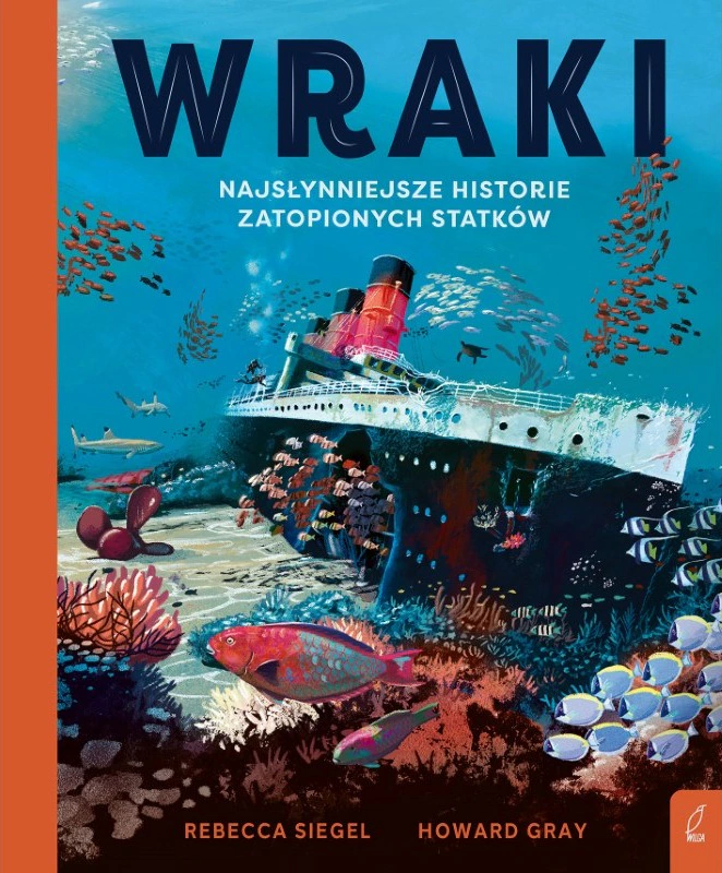 Rysunek dna oceanu z wrakiem Tytanika, wokół którego pływa wiele ryb.