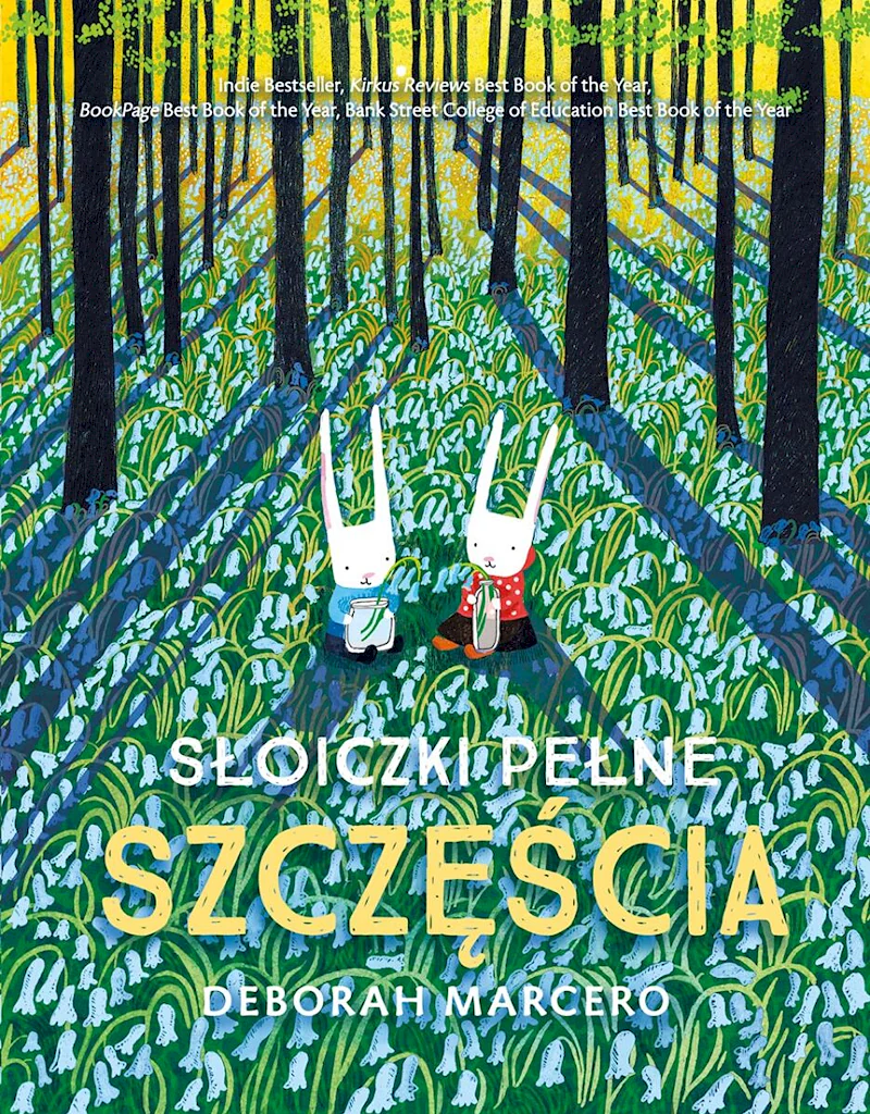 Rysunek lasu, gdzie na łące siedzą dwa zajączki, trzymając w łapkach słoiki.