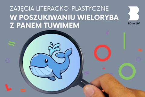 Dłoń trzyma lupę, a wiej widać narysowanego wesołego niebieskiego wieloryba.