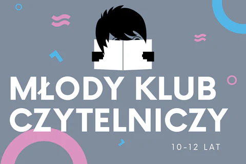 Narysowana krótko ostrzyżona głowa wystaje zza symbolicznej książki. Do tego tekst: młody klub czytelniczy; 10-12 lat.