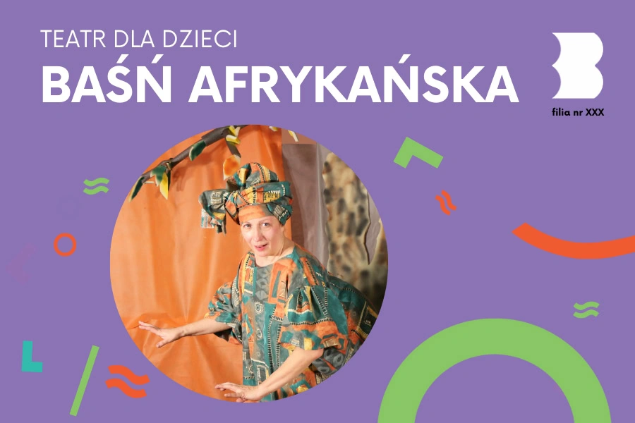 W kółku aktorka w afrykańskim stroju stoi na pomarańczowym tle.