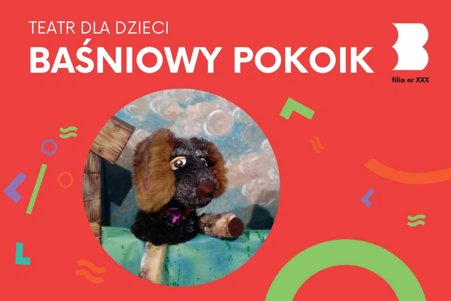 W kółku kukiełkowy pies na tle nieba z białymi chmurami.