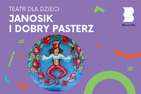 Narysowany rozbójnik Janosik w tanecznym pląsie. Wokół niego namalowane czerwone kwiaty na niebieskim tle.