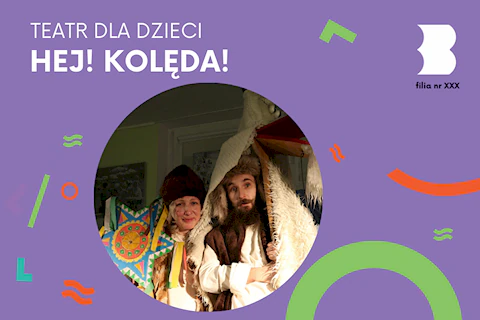 Na prawej aktor z kukłą kozła. Po lewej aktorka trzymająca gwiazdę betlejemską.