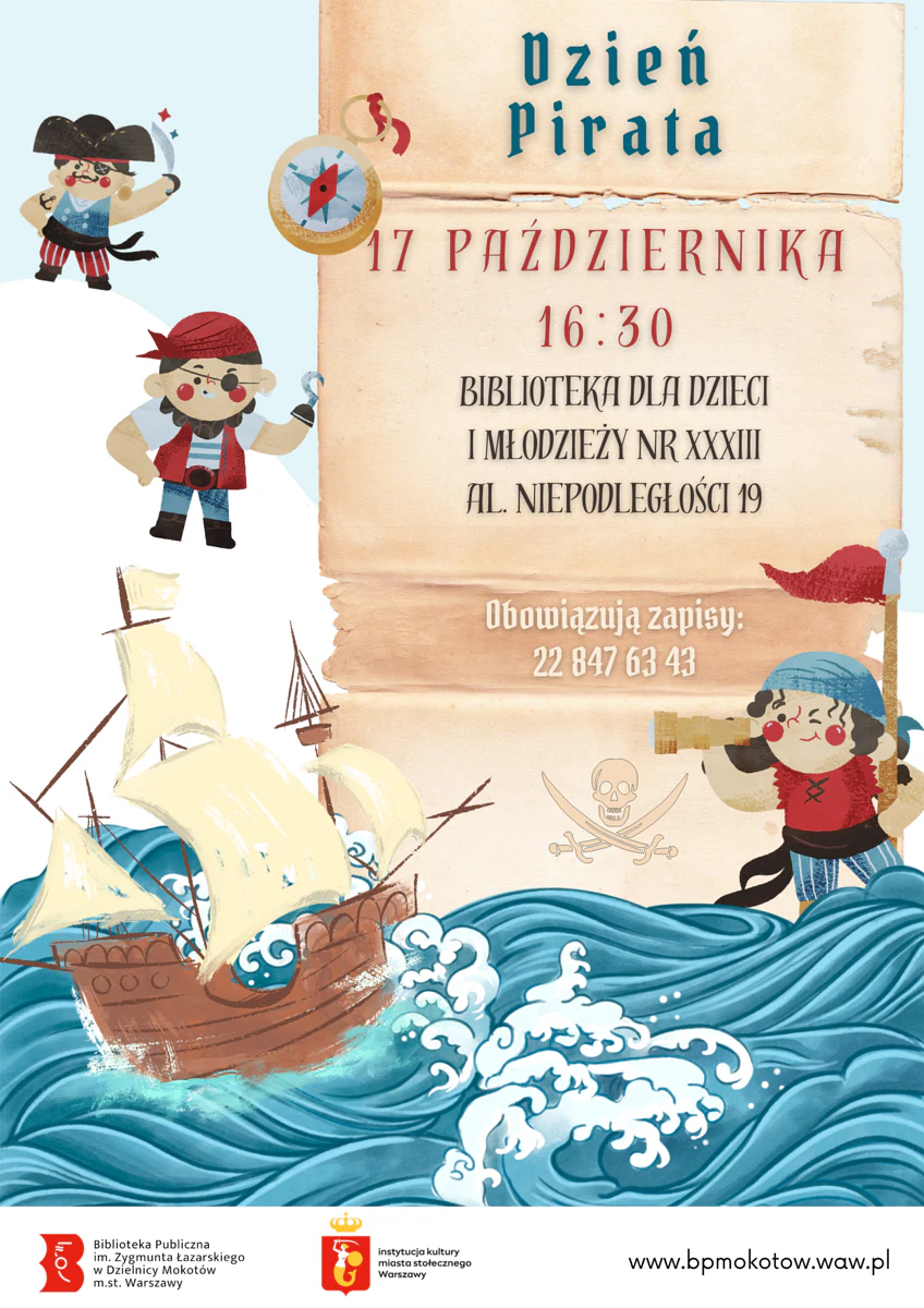 Rysunek wzburzonych fal, po których płynie galeon. Zza fal wygląda pirat przez lunetę patrzący na statek. Dwaj inny piraci są powyżej statku. Do tego tekst zawarty w artykule.