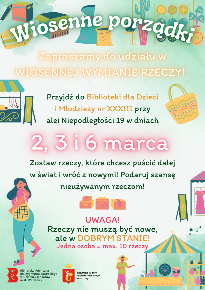Wokół środka z tekstem narysowanych jest kilka  straganów, przeróżne przedmioty, kobieta z torbą na ramieniu. mężczyzna w kapeluszu zapraszający do swojego stanowiska. Tekst jest zawarty w tekście.