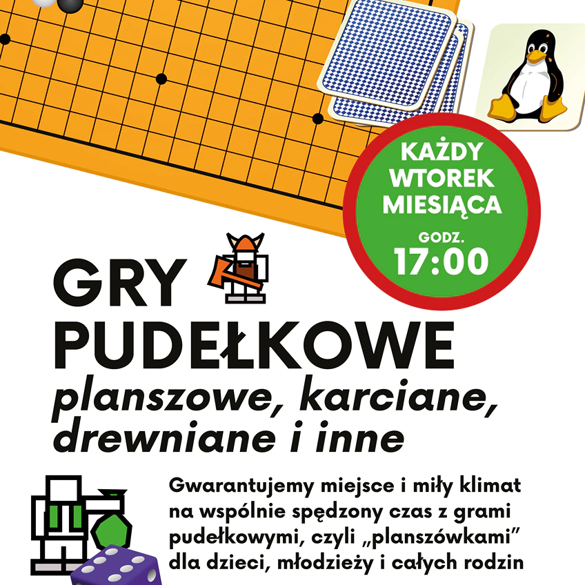 Na górze plansza do gry w go, a na niej kilka kart. Obok leży odkryta karta z pingwinem. Poniżej narysowany wiking, a na dole kwadratowy ludek z workiem w ręku obok kostki sześciościennej.