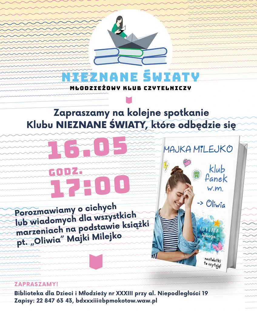 Na górze logotyp młodzieżowego klubu książki, gdzie na sześciu książkach pływa statek z papieru, a w nim dziewczyna czyta książkę. Poniżej okładka książki, na której nastolatka uśmiechając się do siebie chwyta się za czoło.