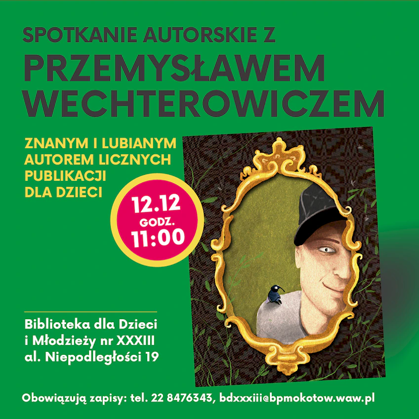 Rysunek lustra, w którym odbija się połowa młodego mężczyzny z czapce i ptakiem na ramieniu.
