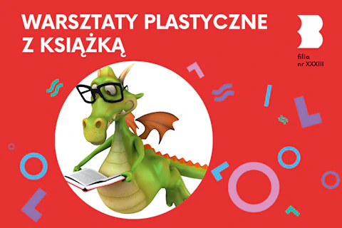 Zielony smok w okularach czyta książkę trzymaną w przednich łapach.