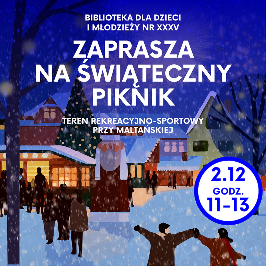 Narysowanych kilka domów w zimowej scenerii, a przed nimi kilka postaci. Pada śnieg. Do tego tekst zawarty w artykule.