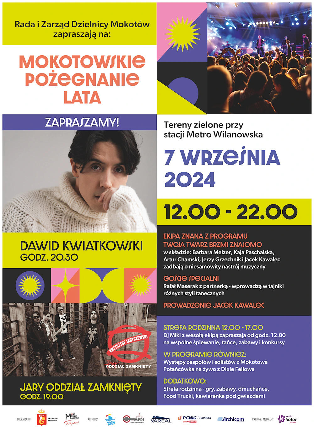Plakat z trzema zdjęciami. Na jednym tłum słucha koncertu, na drugim pozuje młody mężczyzna w białym swetrze, na trzecim pozują muzycy rockowi z instrumentami.