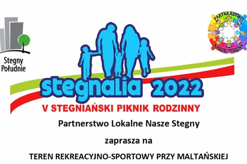 Pięcioosobowa rodzina w zarysie na niebiesko ponad tekstem: stegnalia 2022; piąty stegniański piknik rodzinny; partnerstwo lokalne Nasze Stegny zaprasza na teren rekreacyjno-sportowy przy Maltańskiej.