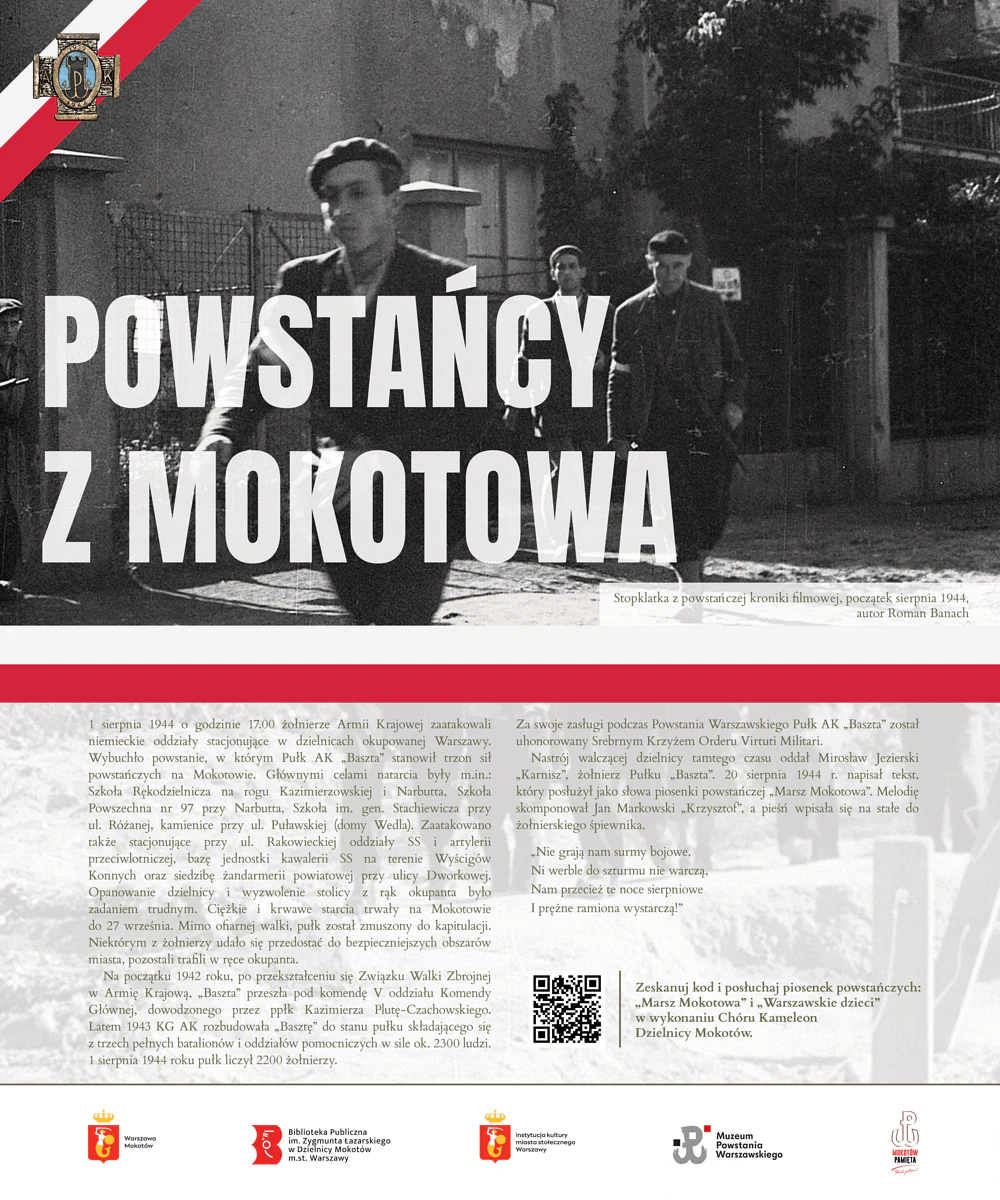 W górnej połowie zdjęcie kilku powstańców z Mokotowa idących ulicą. Poniżej krótki opis drogi bojowej pułku A K Baszta.