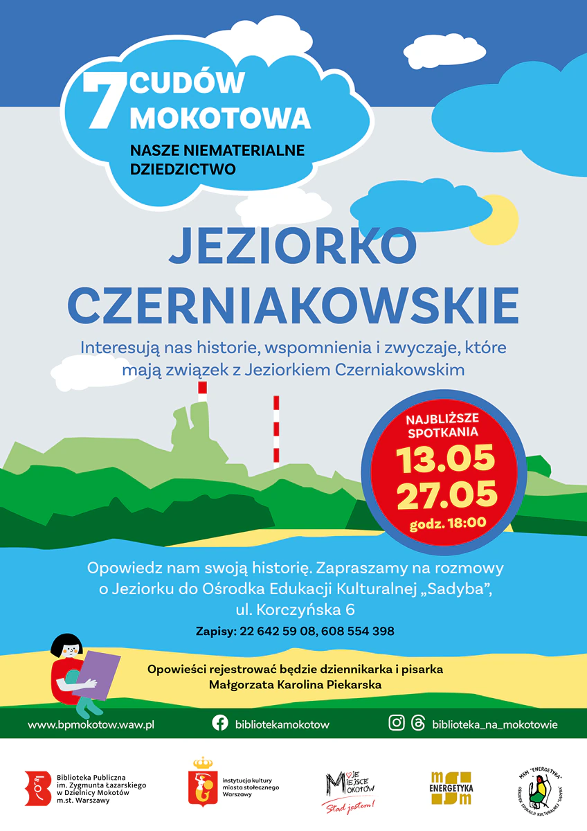 Kolorowe plamy przedstawiające wody jeziora otoczone plażami i zielonymi zaroślami oraz drzewami, a w tle dwa wysokie kominy. U góry białe i niebieskie chmury. Kobieta czyta coś na plaży.