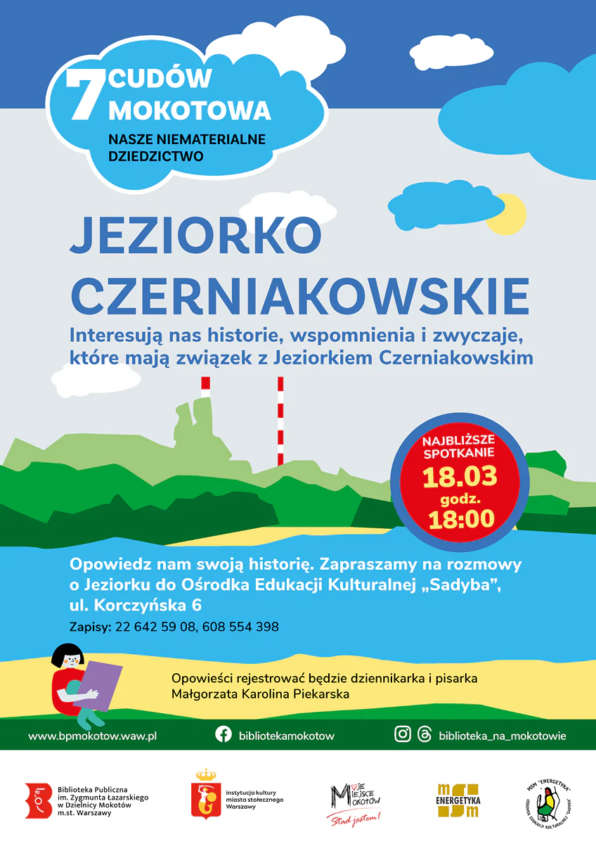Kolorowe plamy przedstawiające wody jeziora otoczone plażami i zielonymi zaroślami oraz drzewami, a w tle dwa wysokie kominy. U góry białe i niebieskie chmury. Kobieta czyta coś na plaży.