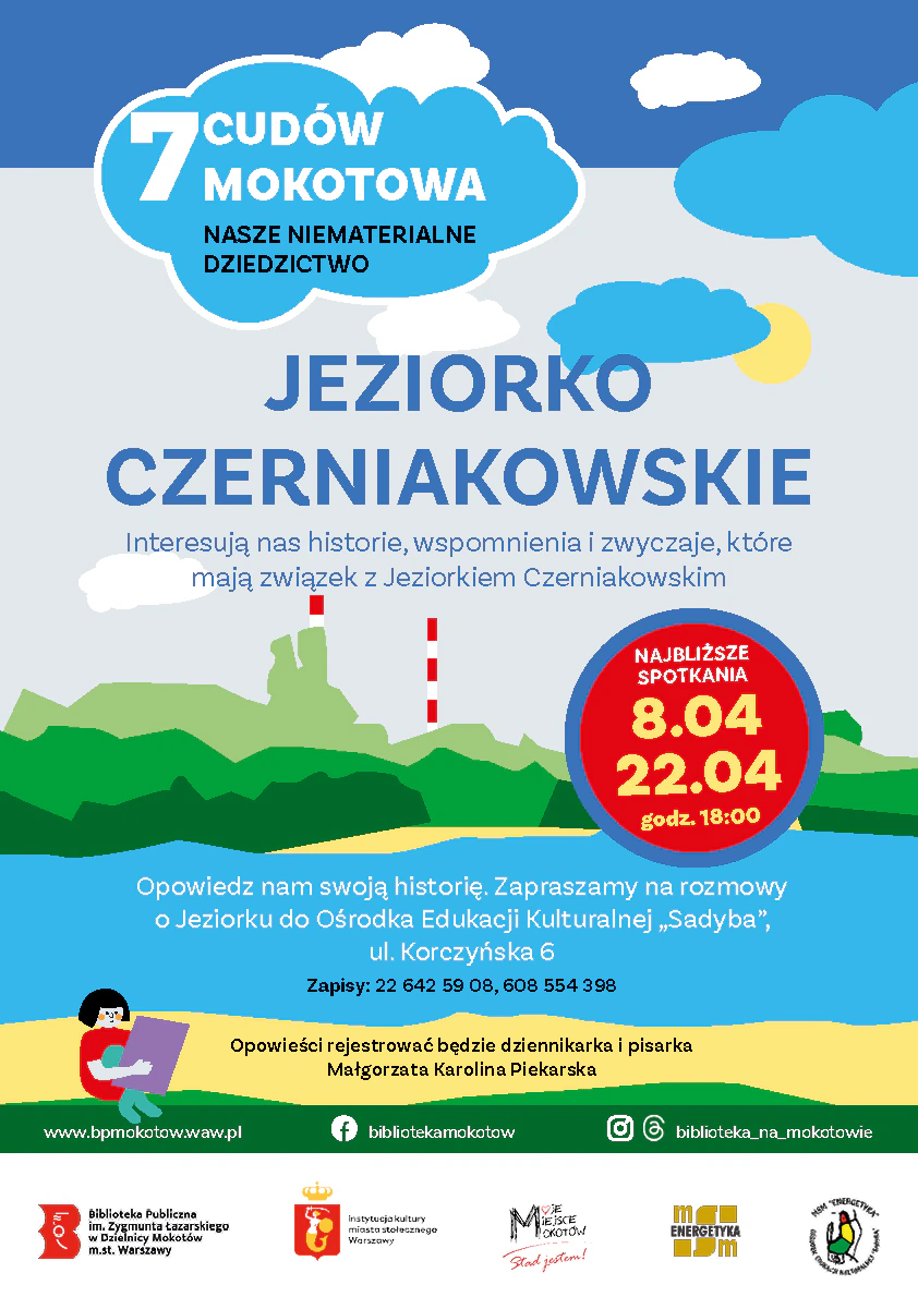 Kolorowe plamy przedstawiające wody jeziora otoczone plażami i zielonymi zaroślami oraz drzewami, a w tle dwa wysokie kominy. U góry białe i niebieskie chmury. Kobieta czyta coś na plaży.