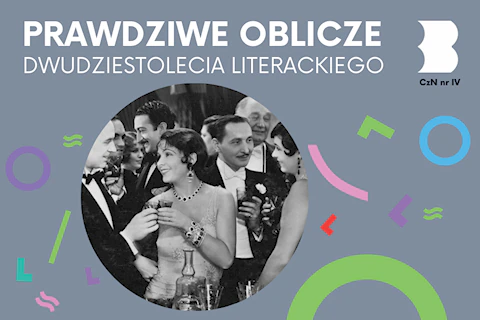 Czarnobiałe zdjęcie mieszanego towarzystwa w wytwornych strojach, rozmawiających ze sobą na stojąco.