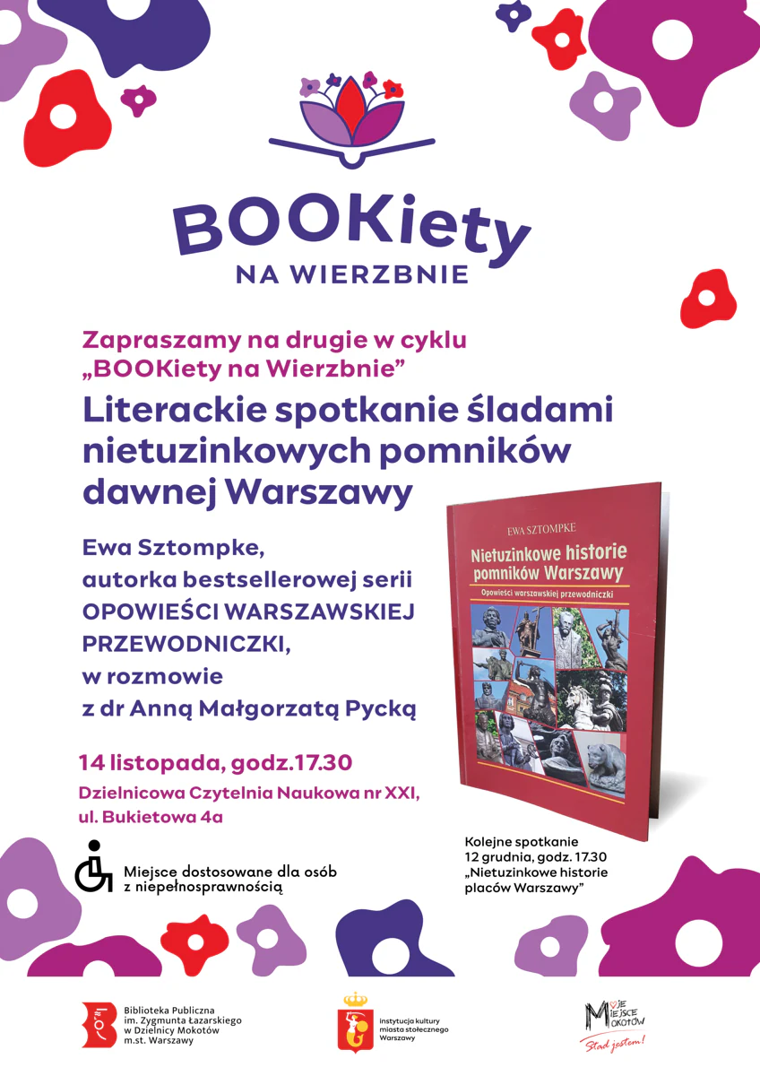 Poza tekstem zawartym w artykule na plakacie znajduje się okładka książki, na której są liczne pomniki.