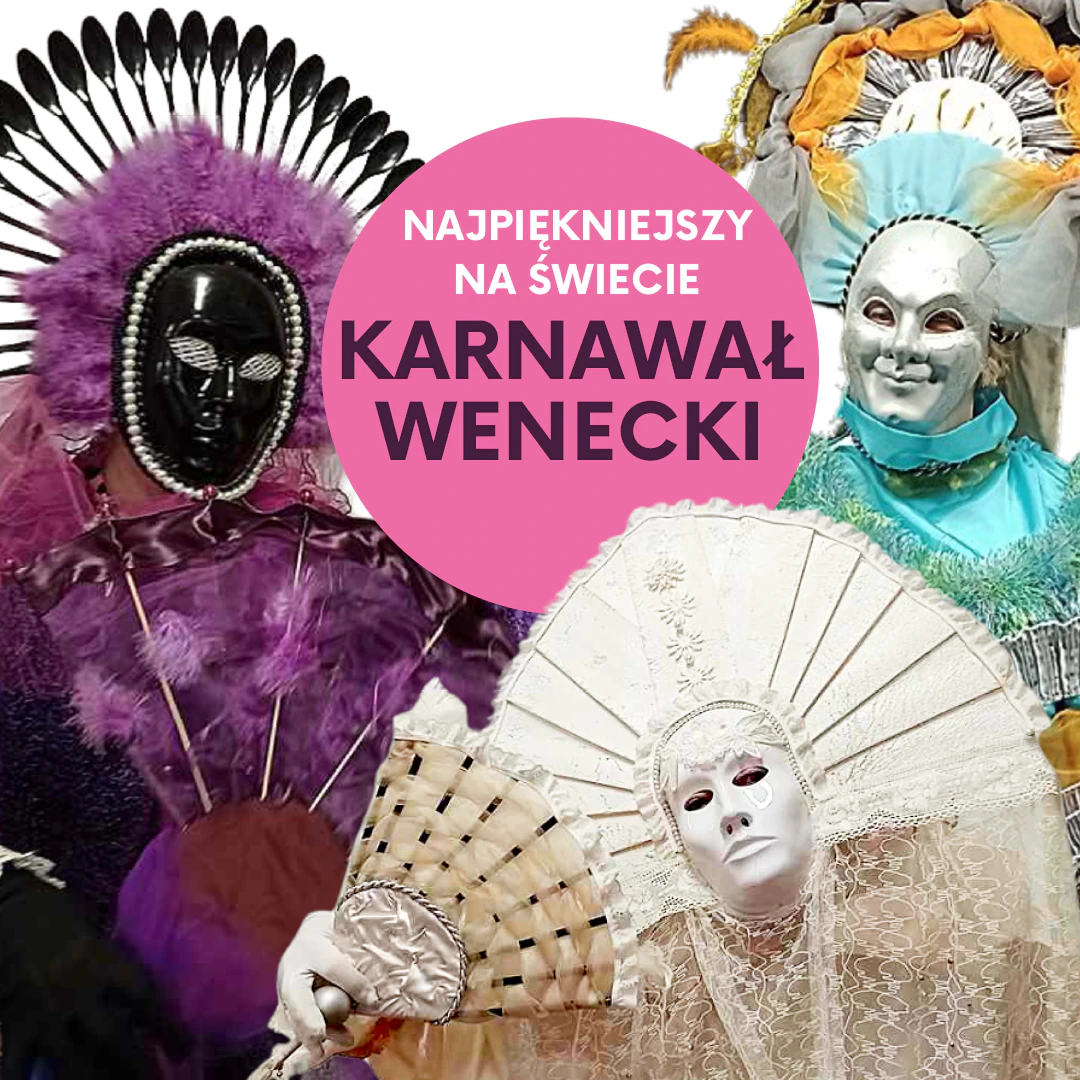 Trzy fantazyjnie ubrane kobiety w maskach, z wachlarzami pod kolor strojów, jak to zwykle bywa w karnawale weneckim.