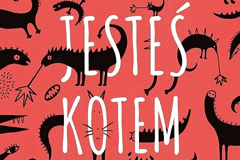 Fragment okładki książki „Synu, jesteś kotem” Katarzyny Michalczak, na niej czarne koty, smoki, dinozaury.