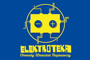 Na niebieskim tle żółty rysunek jakby fragmentu obwodu z zaznaczonym plusem i minusem. Do tego tekst: elektroteka, otwarty warsztat naprawczy.